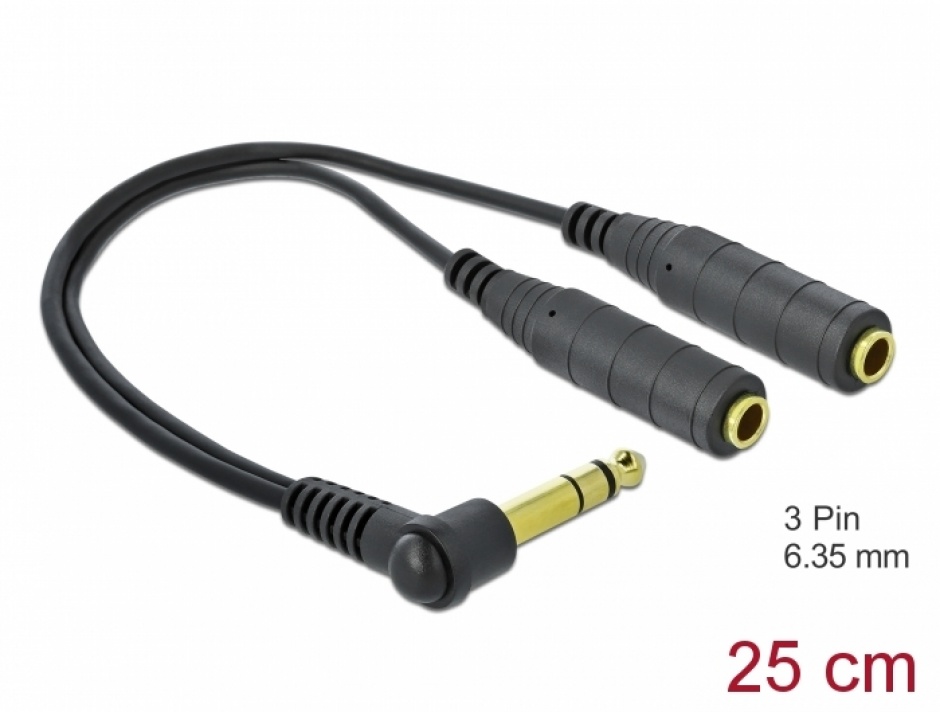 Imagine Splitter audio jack stereo 6.35 mm unghi la 2 x jack stereo 6.35 mm T-M 25cm, Delock 66493